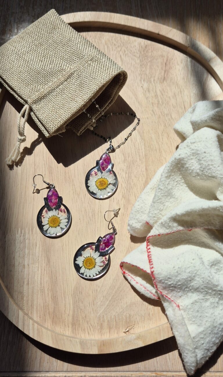 Boucles d'oreilles posées sur un plateau en bois près de leur pochette en tissu
