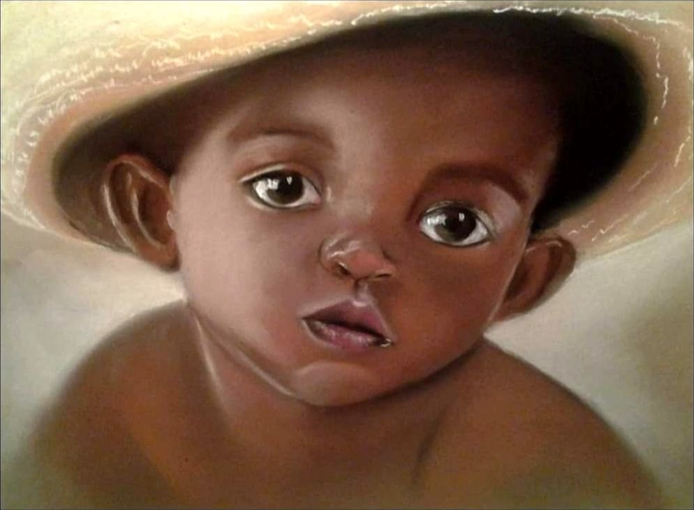 Pastel de Chantal : portrait d'un jeune enfant coiffé d'un chapeau de paille